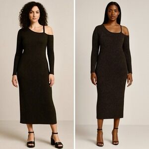 Long Tall Sally Black Gold Ribbed Knit Maxi Dress Size 18 Long Sleeve Party Sexy